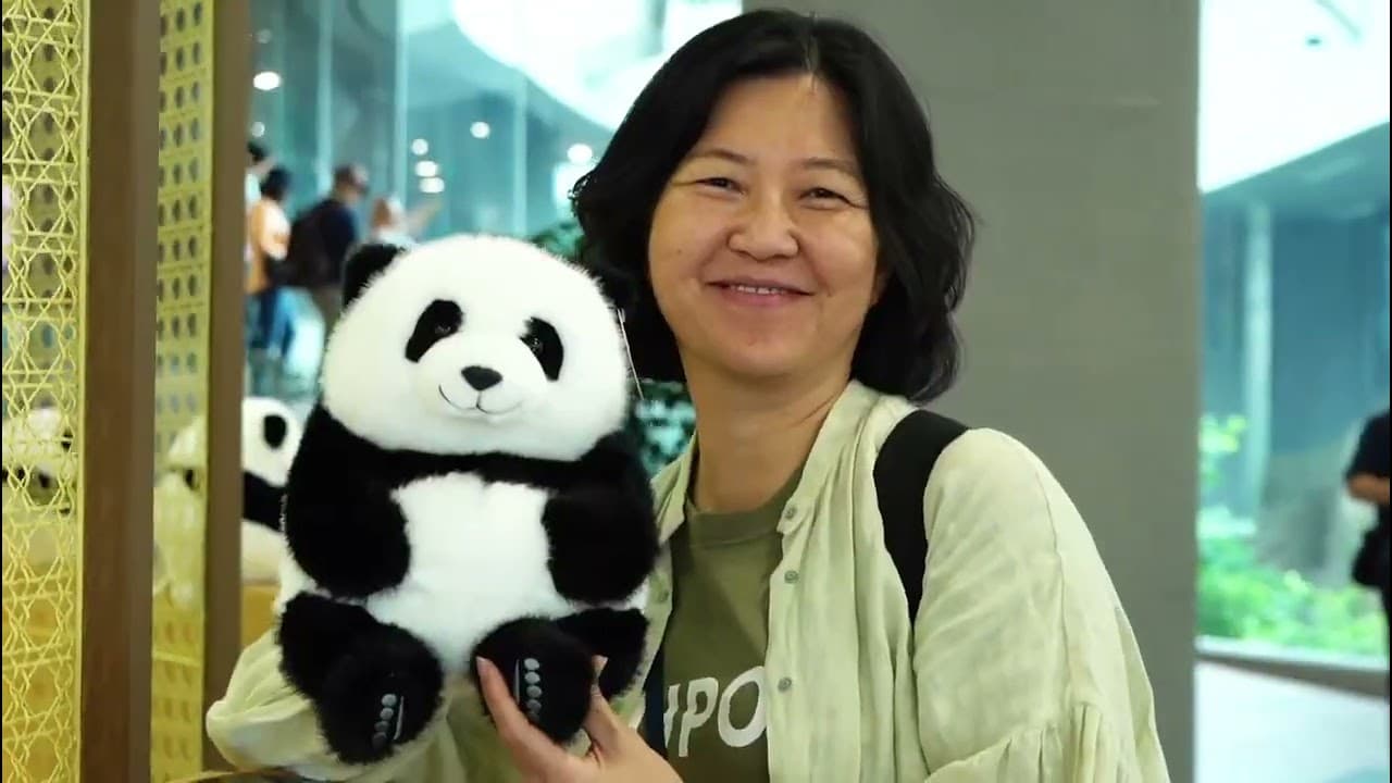 A traveller poses with a panda plush on a group tour